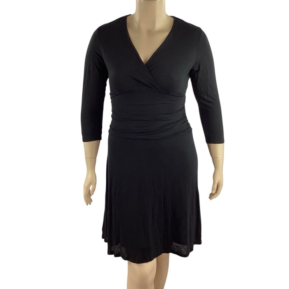 Boden Black Faux Wrap 3/4 Sleeve Ruched Dress 14R